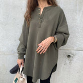 Casual Half-Open Collar Knitted Long Sleeve Top